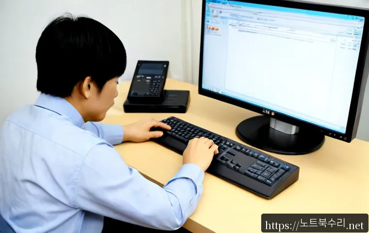 증일동 STATUS_INVALID_CALLER - Photorealistic remote-support workstation in a compact Korean neighborhood office, desktop monitor s...