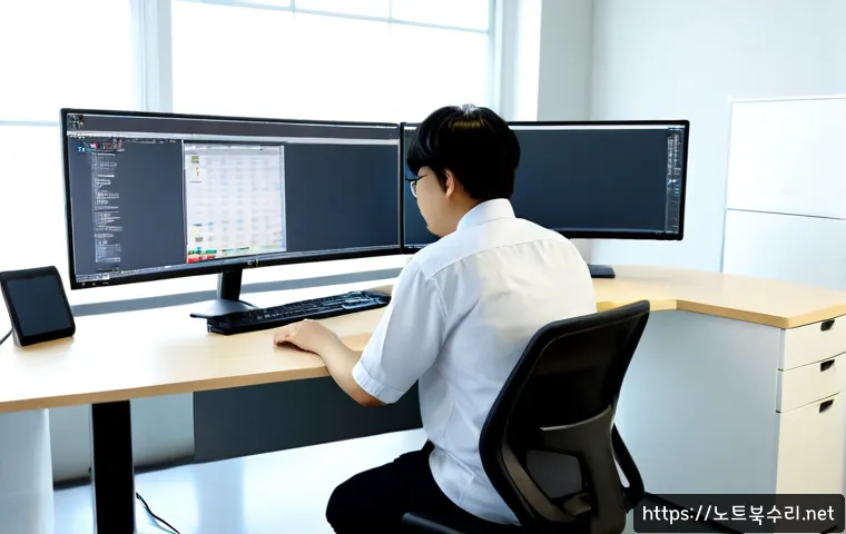 고매동 STATUS_FILE_NOT_FOUND - Photorealistic product-design workstation in a quiet Gomae-dong office, engineer studying a large du...