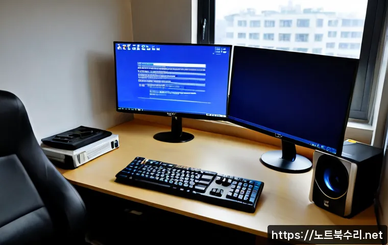 항동 STATUS_KERNEL_SECURITY_CHECK - Photorealistic IT support workstation in a quiet Hang-dong apartment office, ultrawide monitor showi...