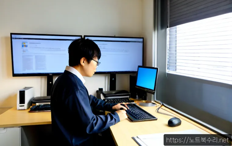 역촌동 STATUS_FILE_INVALID - Photorealistic IT support workstation in a compact Yeokchon-dong office, technician reviewing a corr...