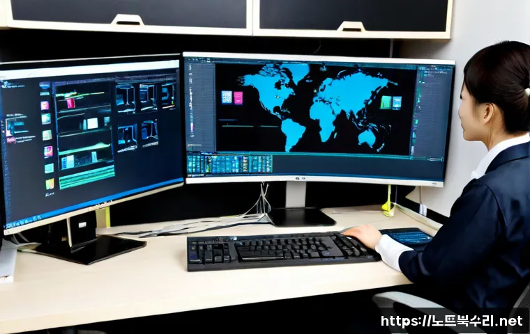 오정구 STATUS_KERNEL_DATA_CORRUPTION - Photorealistic IT support workstation in a compact Ojeong-gu office, dual monitors showing abstract ...