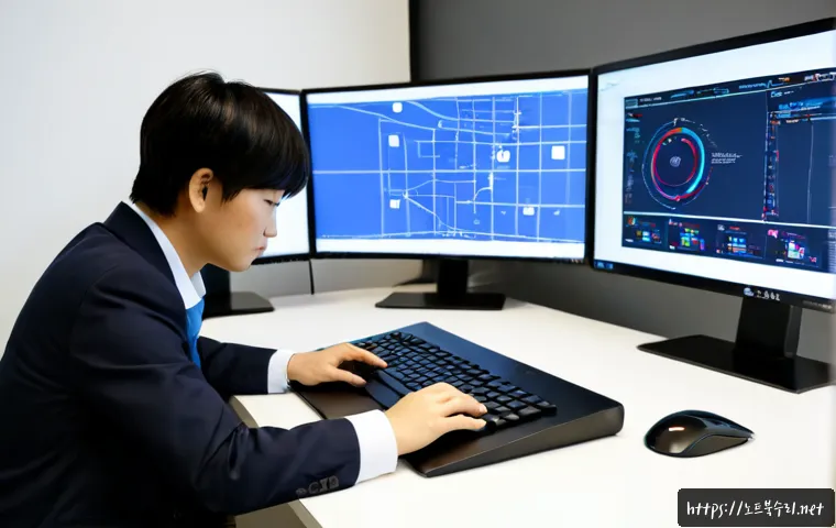 검암동 STATUS_SECURITY_POLICY_VIOLATION - Photorealistic IT support workstation in a modern Geomam-dong apartment office, dual monitors showin...