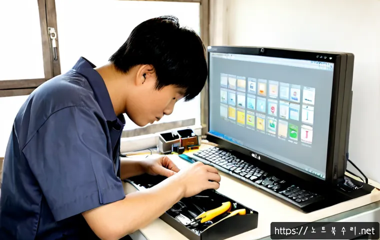 산북면 아이맥 판매 및 수리 - Photorealistic computer repair workshop in a quiet rural Korean township, technician carefully servi...