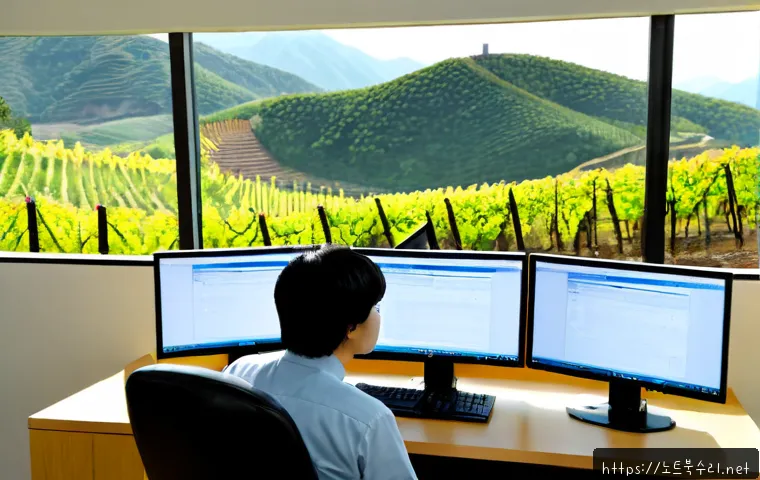 영동 STATUS_KERNEL_ACCESS_DENIED - Photorealistic IT support workstation in a quiet Yeongdong county office, dual monitors showing abst...