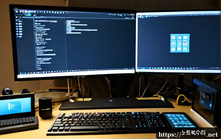 묵정동 STATUS_INVALID_SESSION - Photorealistic remote-support workstation in a compact Mokjeong-dong office, dual monitors showing a...