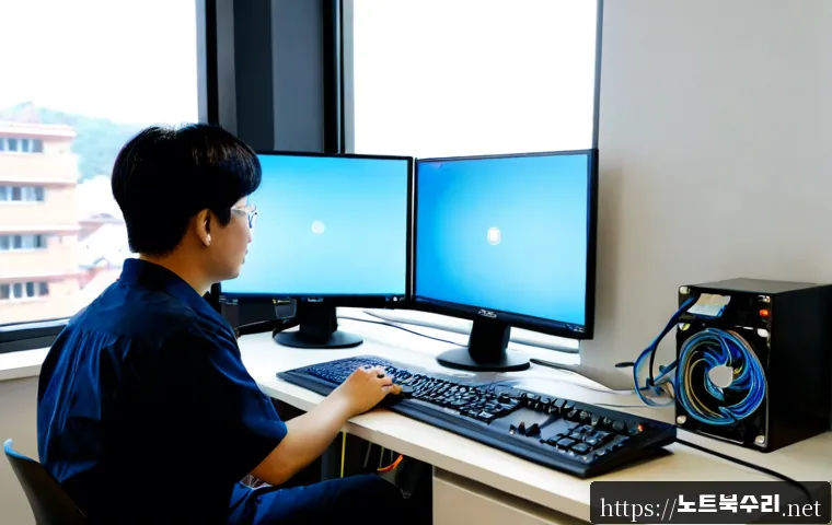 달안동 WHEA_UNCORRECTABLE_ERROR - Photorealistic remote IT support workstation in a compact apartment office, dual monitors showing a ...