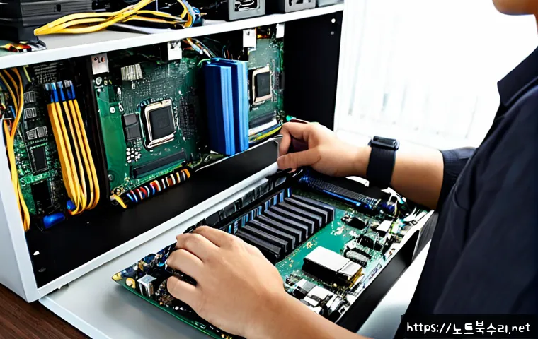 운양동 메모리조립 및 교체수리 - Photorealistic computer repair workstation in a modern apartment office, technician wearing an anti-...