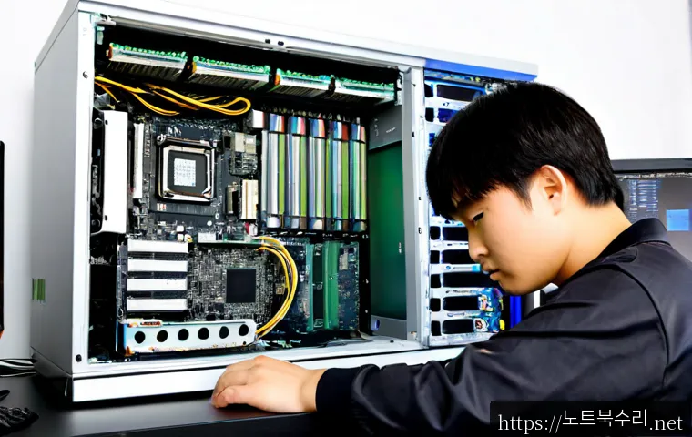 원동 컴퓨터업그레이드 - Photorealistic computer upgrade workstation in a compact Wondong neighborhood repair studio, technic...