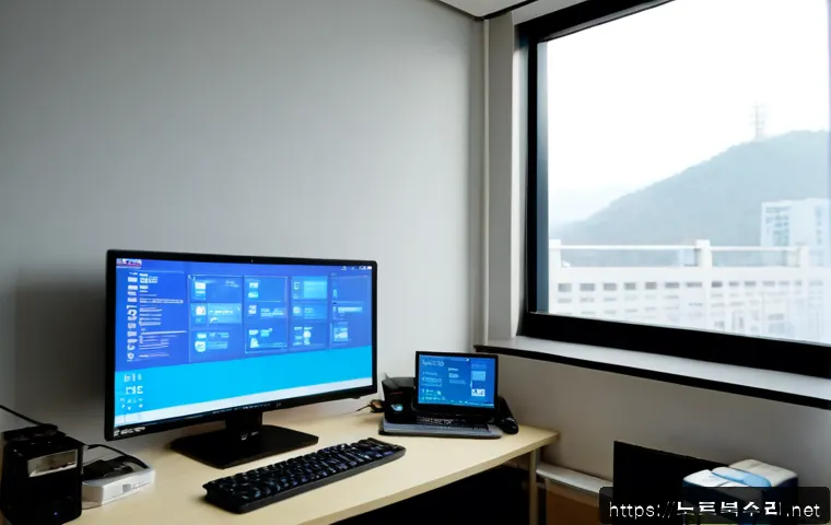 포동 VIDEO_MEMORY_MANAGEMENT_INTERNAL - Photorealistic remote-support workstation in a compact Seoul apartment office, dual monitors showing...