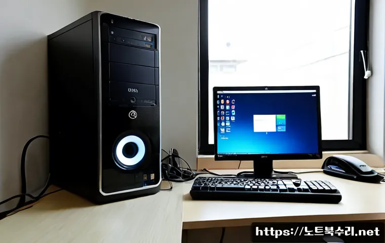 자금동 모니터화면 안나옴 - Photorealistic Korean home office in a quiet suburban apartment, desktop monitor completely black wi...