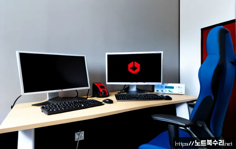 중랑구 STATUS_KERNEL_UNSUPPORTED_DEVICE - Photorealistic remote-support workstation in a compact Jungnang-gu apartment office, dual monitors s...
