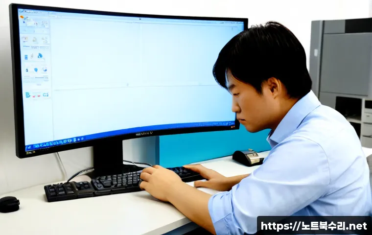 기흥동 CRITICAL_PROCESS_DIED - Photorealistic IT support workstation in a modern Giheung-dong office, dual monitors showing a blank...