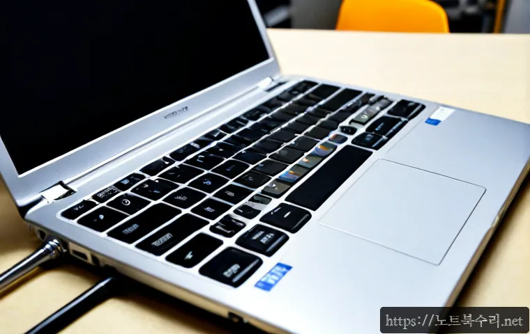 삼송동 맥북프로 판매 및 수리 - Photorealistic premium laptop repair workstation in Samsong-dong, a sleek unbranded aluminum profess...