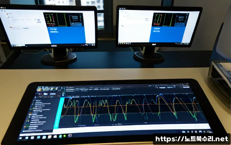 덕풍동 STATUS_STACK_UNDERFLOW - Photorealistic IT support workstation in a compact Deokpung-dong office, dual monitors showing abstr...