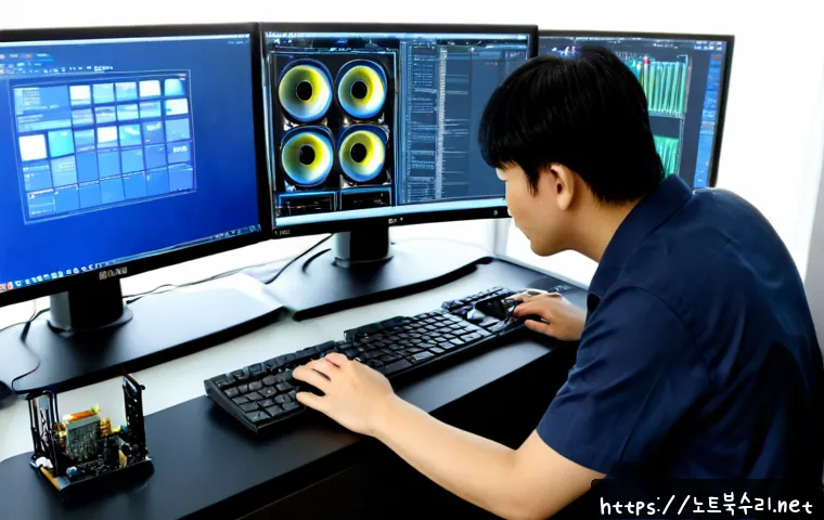 안산동 HARDWARE_MEMORY_FAILURE - Photorealistic IT technician at a dual-monitor workstation diagnosing a desktop memory failure, open...