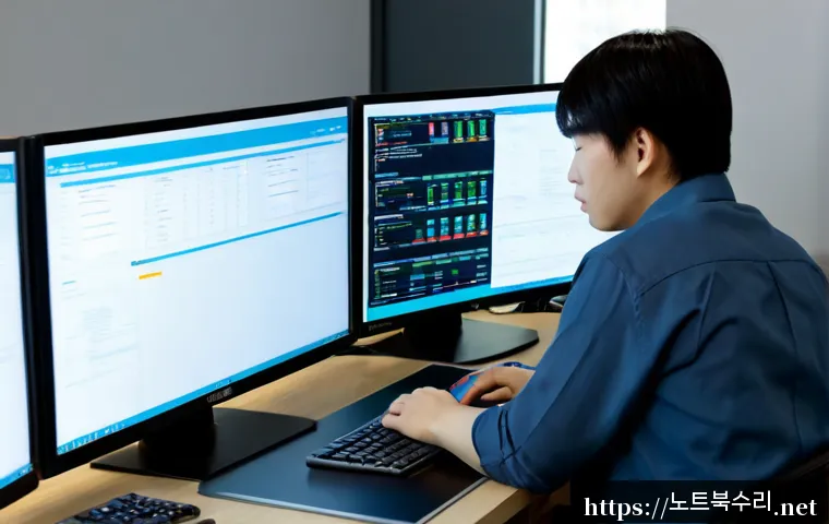 개포동 STATUS_MODULE_CORRUPTION - Photorealistic IT support workstation in a modern Gaepo-dong apartment office, dual monitors showing...