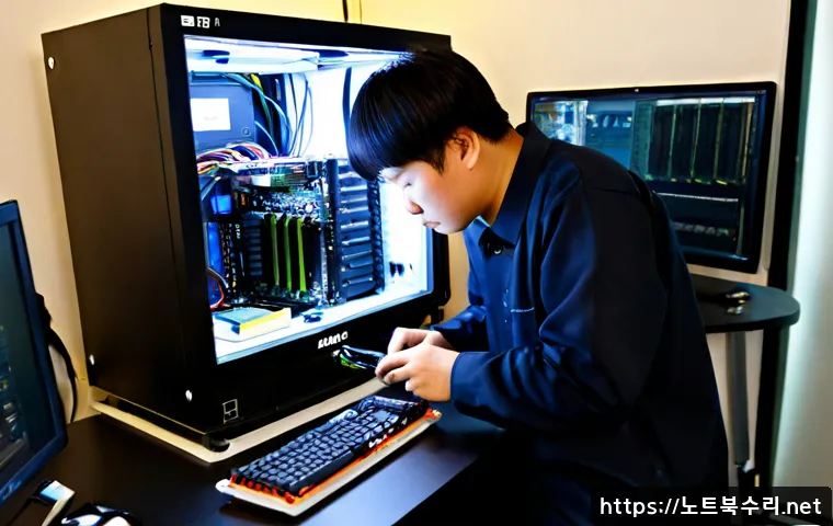 가장동 VGA조립 및 교체수리 - Photorealistic PC repair workstation in a compact Korean electronics service shop, technician carefu...
