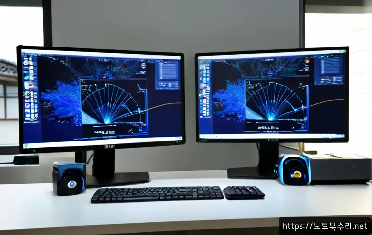 종로구 UNEXPECTED_KERNEL_MODE_TRAP - Photorealistic IT support workstation in Jongno-gu, Seoul, dual monitors displaying an abstract blue...