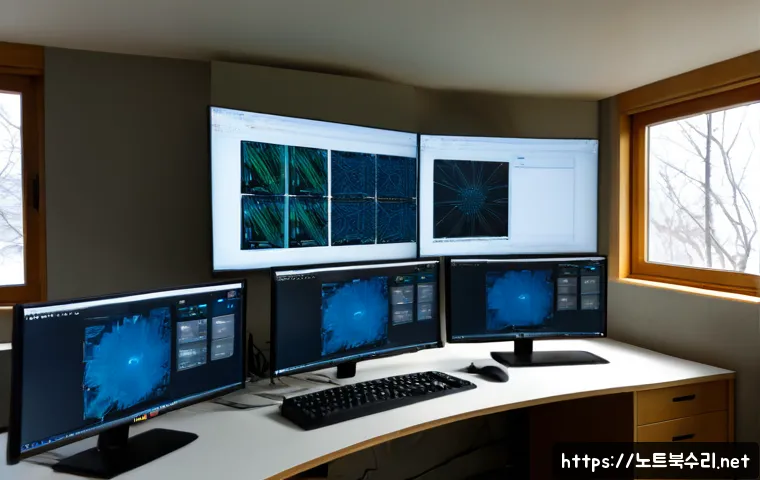 장충동 KERNEL_MODE_HEAP_CORRUPTION - Photorealistic IT support workstation in a quiet Jangchung-dong office, dual monitors showing abstra...