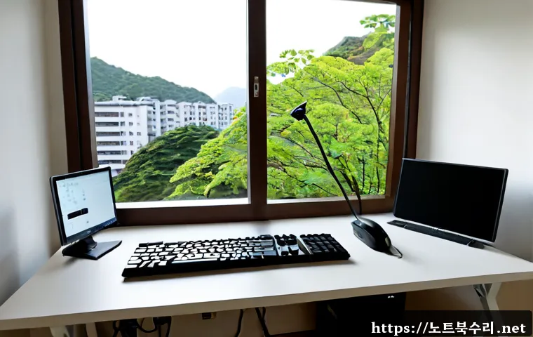 보라매동 STATUS_NETWORK_ACCESS_DENIED - Photorealistic compact remote-support workstation in Boramae-dong, dual monitors showing an unbrande...