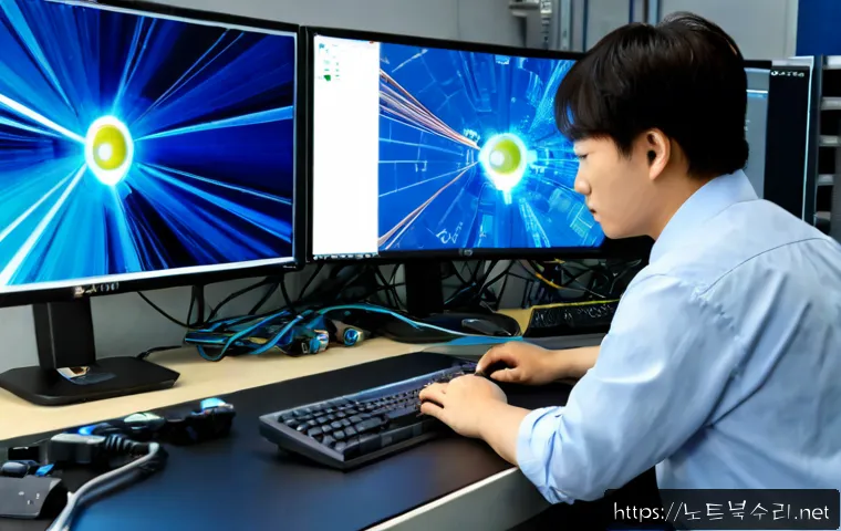 독산동 STATUS_KERNEL_THREAD_FAILURE - Photorealistic IT support workstation in a compact industrial office, dual monitors showing abstract...