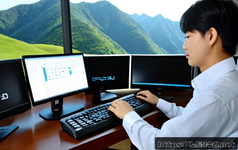 퇴촌면 press f4 key - Photorealistic remote-support workstation in a quiet rural Korean office, technician pressing the F4...