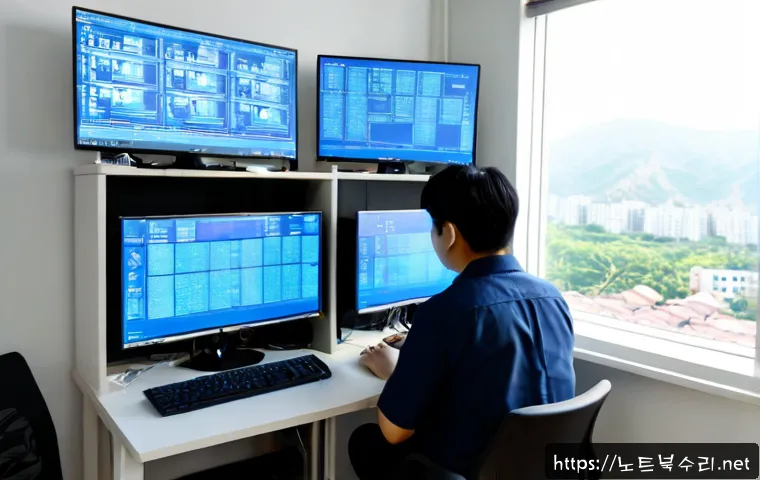 유천동 CLOCK_WATCHDOG_TIMEOUT - Photorealistic IT support workstation in a compact apartment office, dual monitors showing abstract ...