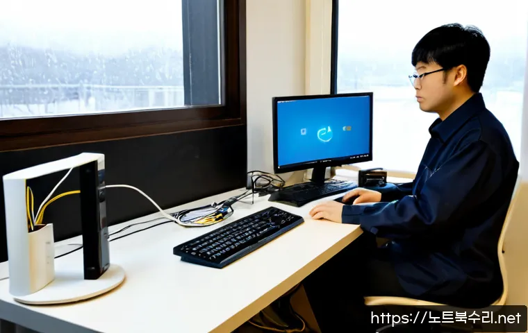 어둔동 STATUS_IO_TIMEOUT - Photorealistic remote-support workstation in a quiet Korean apartment office, dual monitors showing ...