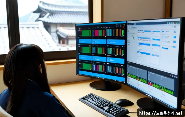 운니동 SYSTEM_LICENSE_VIOLATION - Photorealistic remote IT support workstation in a quiet Unni-dong office, dual monitors showing abst...