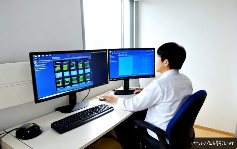 운정동 DRIVER_VERIFIER_DETECTED_VIOLATION - Photorealistic IT support workstation in a modern Unjeong-dong apartment office, dual monitors showi...