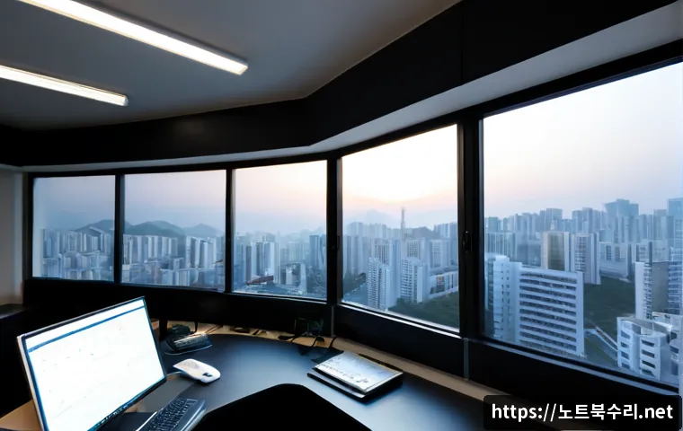 청덕동 STATUS_FILE_CORRUPTION - Photorealistic IT support workstation in a modern Cheongdeok-dong apartment office, dual monitors sh...