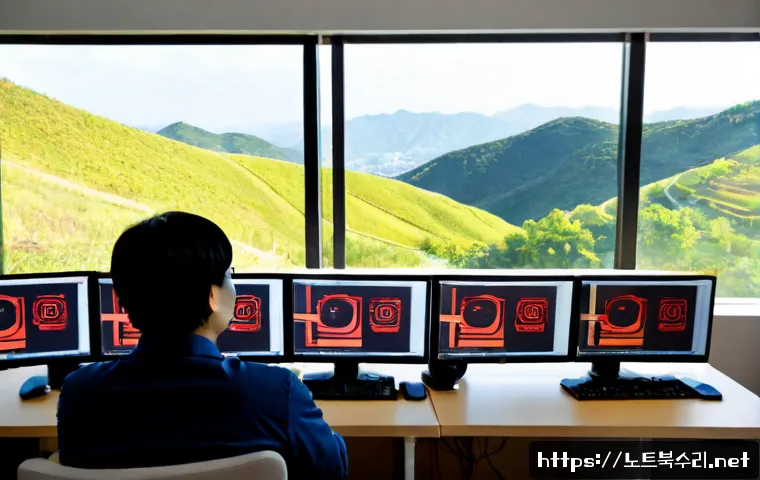 남가좌동 STATUS_KERNEL_BLOCKED - Photorealistic remote IT support workstation in a compact apartment office, dual monitors showing an...