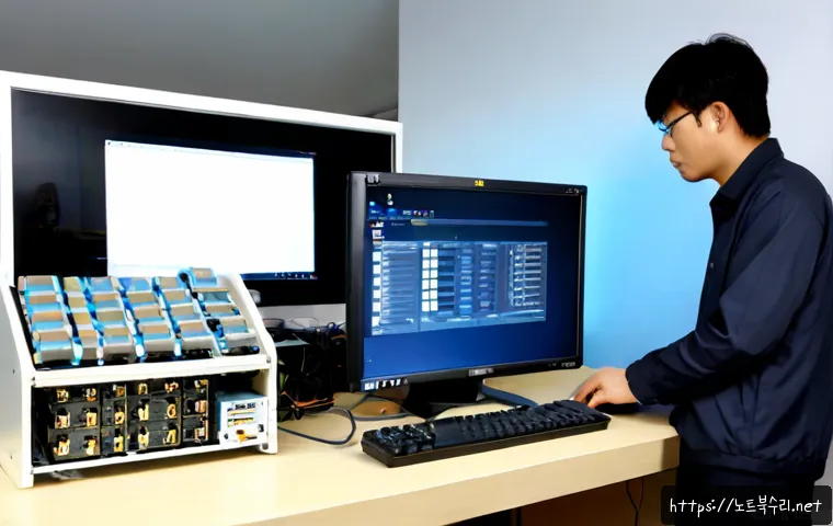 산곡동 STATUS_DEVICE_NOT_READY - Photorealistic compact IT support workstation in a Sanggok-dong apartment office, frustrated technic...