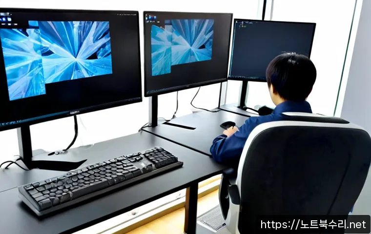 양천구 CRITICAL_OBJECT_TERMINATION - Photorealistic IT support workstation in Yangcheon, Seoul, dual monitors showing a frozen abstract 3...