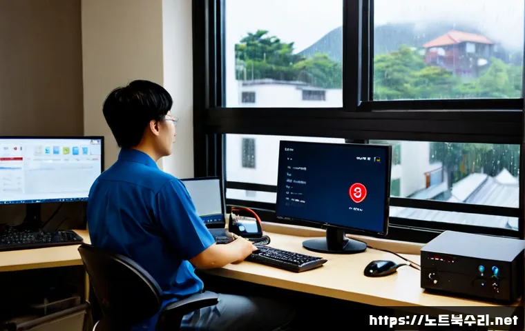 초월읍 STATUS_NETWORK_ACCESS_DENIED - Photorealistic remote-support workstation in a quiet suburban Korean office, frustrated technician f...