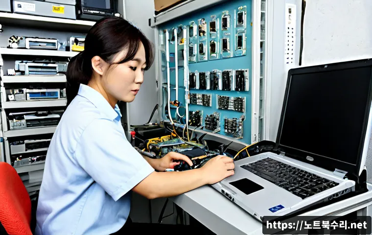 쌍림동 맥북에어 판매 및 수리 - Photorealistic compact computer repair bench in a Ssangnim-dong electronics workshop, ultra-thin sil...