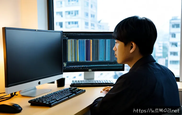 용신동 ATTEMPTED_EXECUTE_OF_NOEXECUTE_MEMORY - Photorealistic cybersecurity workstation in a compact Yongshin-dong office, engineer studying a desk...