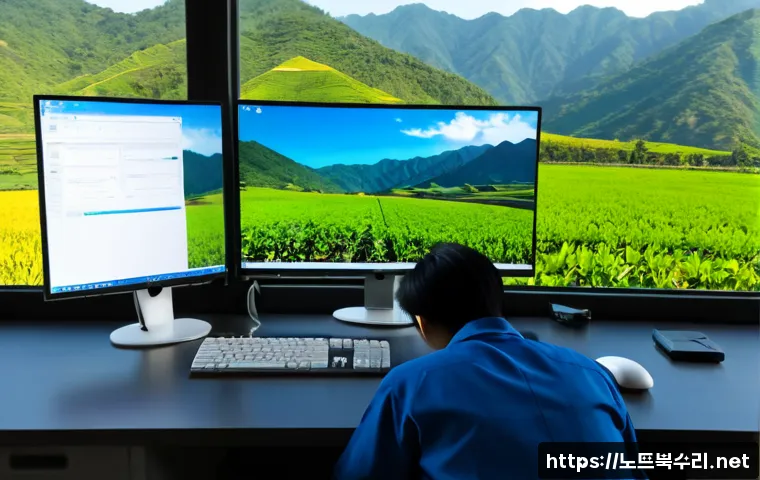 하동 DRIVER_PORTION_MUST_BE_NONPAGED - Photorealistic IT support workstation in Hadong, dual monitors showing a blank blue system crash scr...