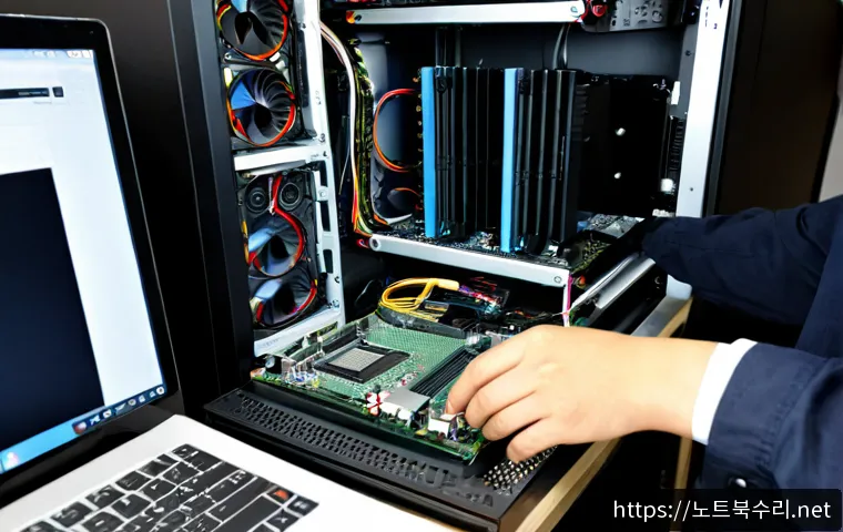 이패동 그래픽카드조립 및 교체수리 - Photorealistic PC repair workstation in a compact Ipae-dong apartment office, technician carefully i...