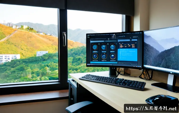 무악동 STATUS_KERNEL_UNSUPPORTED_DEVICE - Photorealistic remote-support workstation in a compact Muak-dong apartment office, technician examin...
