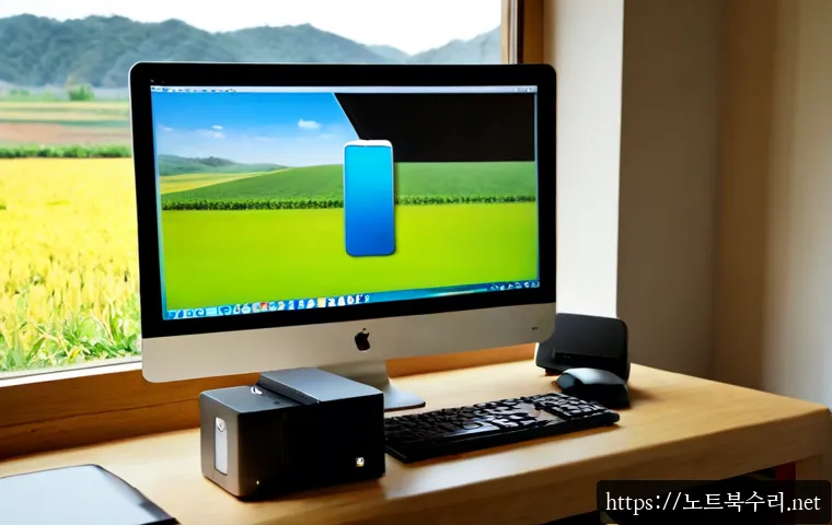 점동면 해킨토시 재설치 포맷  초기화 - Photorealistic computer repair workstation in a quiet rural Korean home office, Apple-style all-in-o...