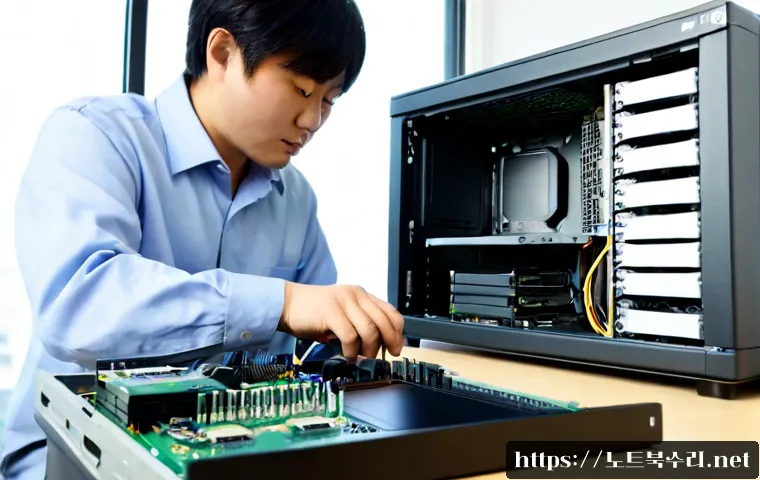 대야미동 RAM조립 및 교체수리 - Photorealistic computer repair workstation in a compact Daeyami-dong apartment office, technician ca...