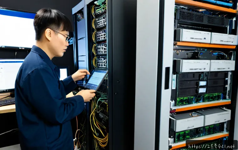 신이문동 server출장방문수리점 - Photorealistic onsite server repair inside a compact Sinimun-dong office, technician diagnosing a ra...