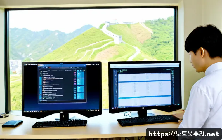 신교동 STATUS_INVALID_PARAMETER - Photorealistic remote-support workstation in a compact Seoul apartment office, dual monitors showing...