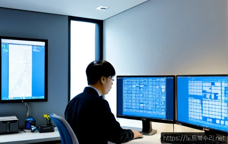 송림동 STATUS_KERNEL_REGISTRY_ERROR - Photorealistic IT support workstation in a compact Songrim-dong office, dual monitors showing abstra...