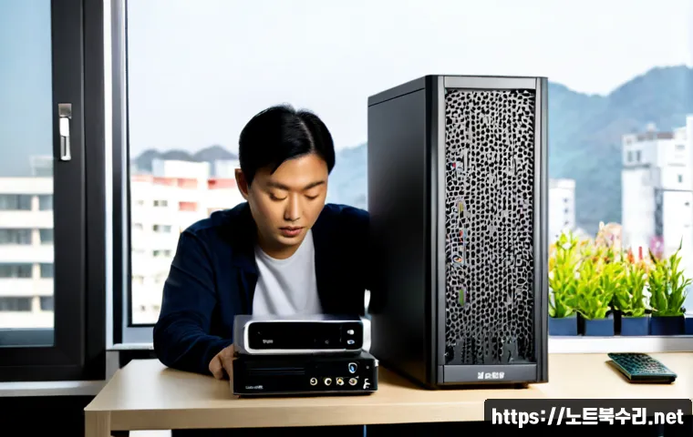 세마동 해놀로지 xpenology 구축 - Photorealistic compact home office in a modern Seom-dong apartment, technician assembling a quiet mu...