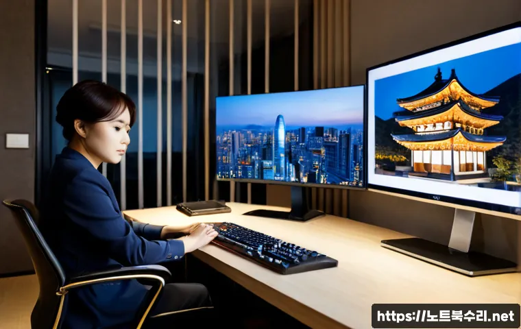 압구정동 컴퓨터멈춤 - Photorealistic luxury apartment home office in Apgujeong, a high-end desktop workstation frozen duri...