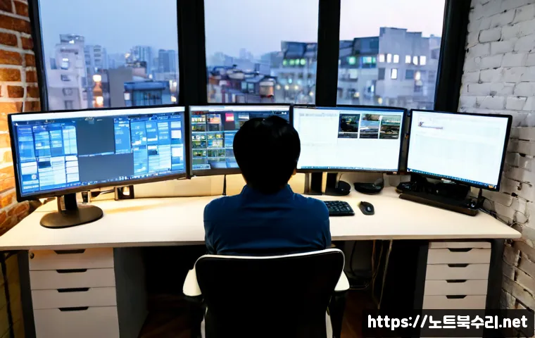 충신동 STATUS_STACK_OVERFLOW - Photorealistic software engineer at a dual-monitor workstation in a compact Seoul studio office, abs...