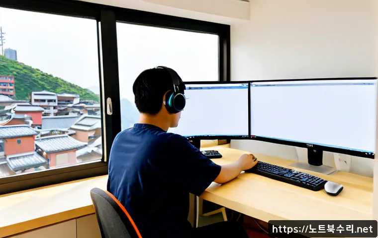 봉천동 STATUS_PRIVILEGED_INSTRUCTION - Photorealistic remote-support workstation in a compact hillside apartment in Bongcheon-dong, dual mo...