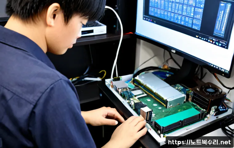 저동 쿨러조립 및 교체수리 - Photorealistic PC repair workstation in a compact Jeodong electronics office, technician carefully i...